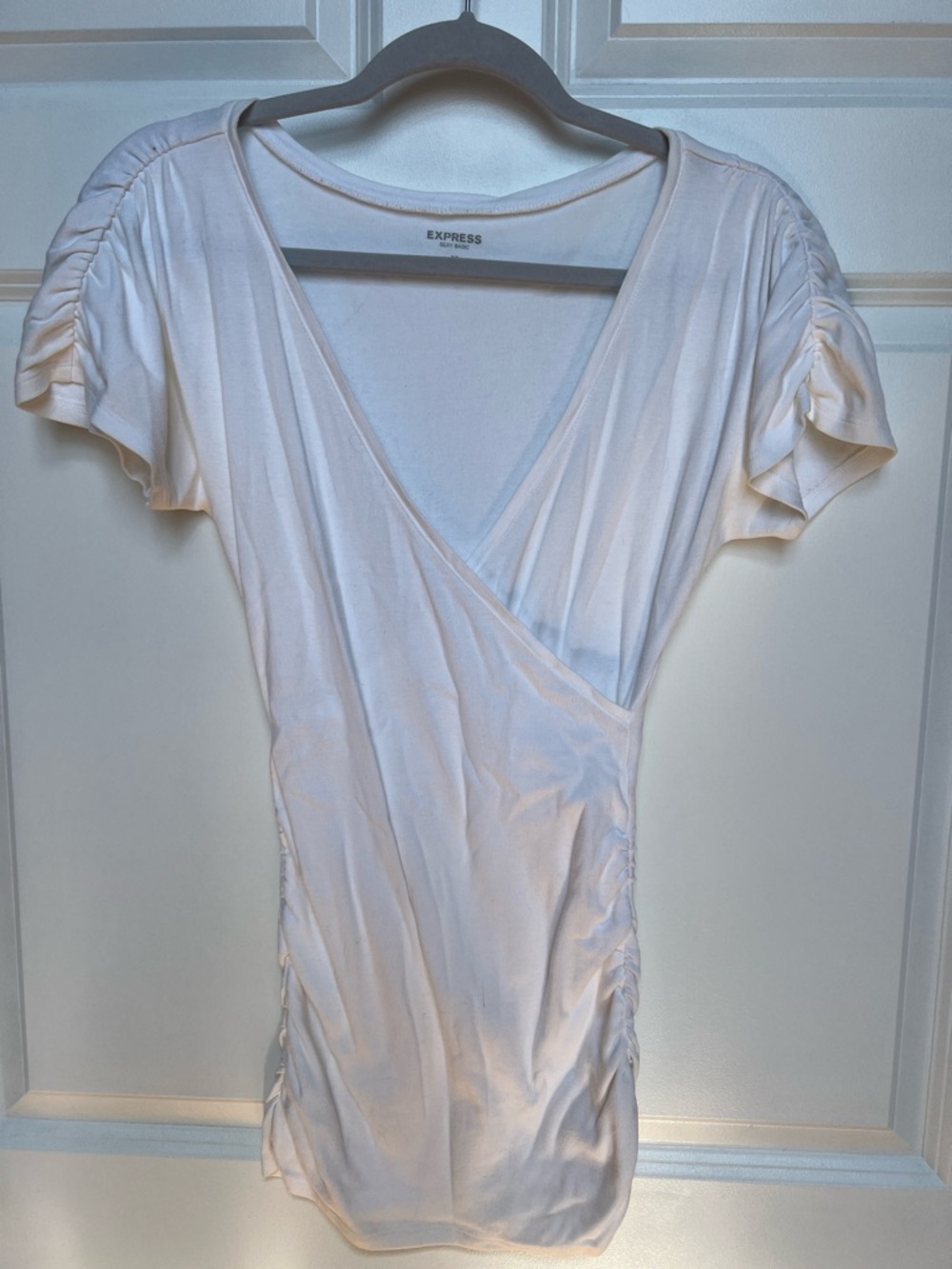 Express White Surplice Ruched Short Sleeve Top